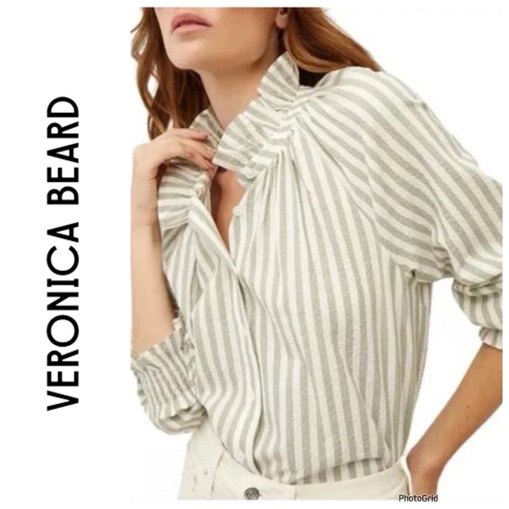 Veronica Beard Cream and Light Gray Striped Button-Up Blouse